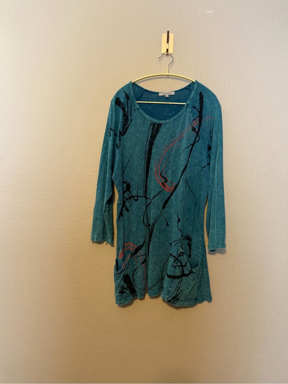 Jess & Jane Teal Abstract Women's Tunic Top Size XL